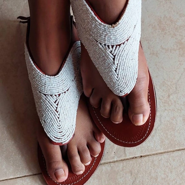 ON SALE Women shoes - beaded masai sandal - handmade sandal - leather sandal - her gift - African sandal - Kenyan sandal- white bead sandal