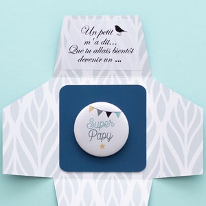 annonce grossesse, idee de cadeau pour futur grand parents, badge, magnet, décapsuleur ou porte cle super papy