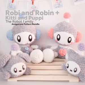 Robi and Robin + Kitti and Puppi | Amigurumi Pattern PDF | English and Spanish | Robot Family | Valentine's Day