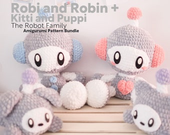 Robi and Robin + Kitti and Puppi | Amigurumi Pattern PDF | English and Spanish | Robot Family | Valentine's Day