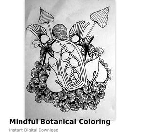 Organic Mushroom Zentangle Coloring Page Printable | Botanical Fantasy Line Art | Instant Digital Download PDF