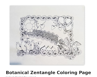 Floral Zentangle Coloring Page | Botanical Line Art, Adult PDF (Digital Download)