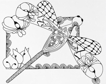 Dragonfly Zentangle Coloring Page Printable | Boho Nature Line Art | Relaxing Adult Coloring Sheet | Instant Digital Download