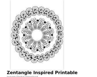 Elegant Zentangle Mandala Printable | Floral Coloring Page Download | Stress Relief Art