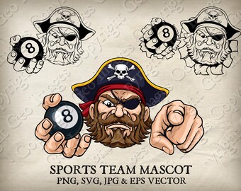 Pirate Captain Raider poolbiljart 8 zwart Eight Ball mascotte karakter piraten gezicht logo cartoon 8 versies vector SVG EPS PNG jpg