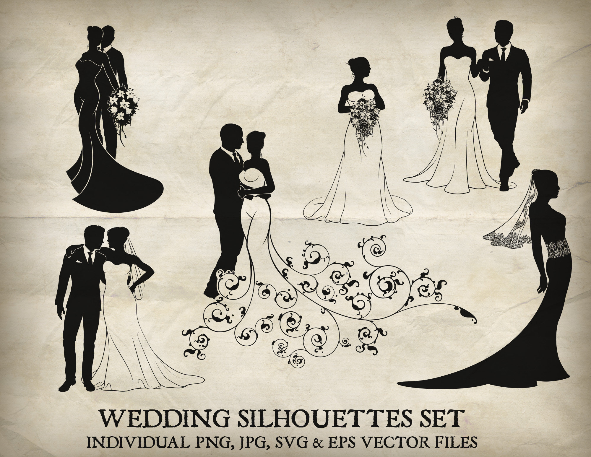 Bride and Groom Wedding Silhouette Vector Set. Each of the Silhouettes ...