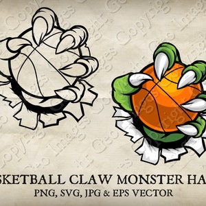 May include: A green monster claw hand with sharp white claws is breaking through a ripped piece of paper. The claw is holding a basketball with orange and white stripes.