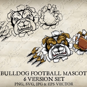 Bulldog Dog Holding American Football Ball in Claw Mascot  Bulldogs Cartoon logo 6 Versions. Ripped Background. Vector SVG, EPS, PNG, Jpg