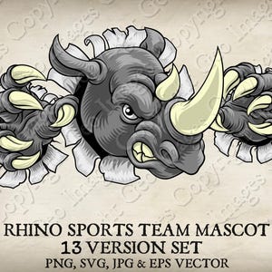 Rhino Rhinoceros Sports Mascot Rhinos Sport Logo. Rhino Cartoon Sports Mascot. 13 Versions. Ripped Background. Vector SVG, EPS, PNG, Jpg