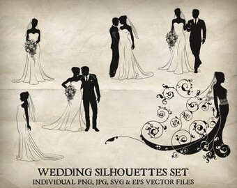 Bride and groom wedding silhouette vector set. Each of the silhouettes in individual PNG, jpg, EPS and SVG files