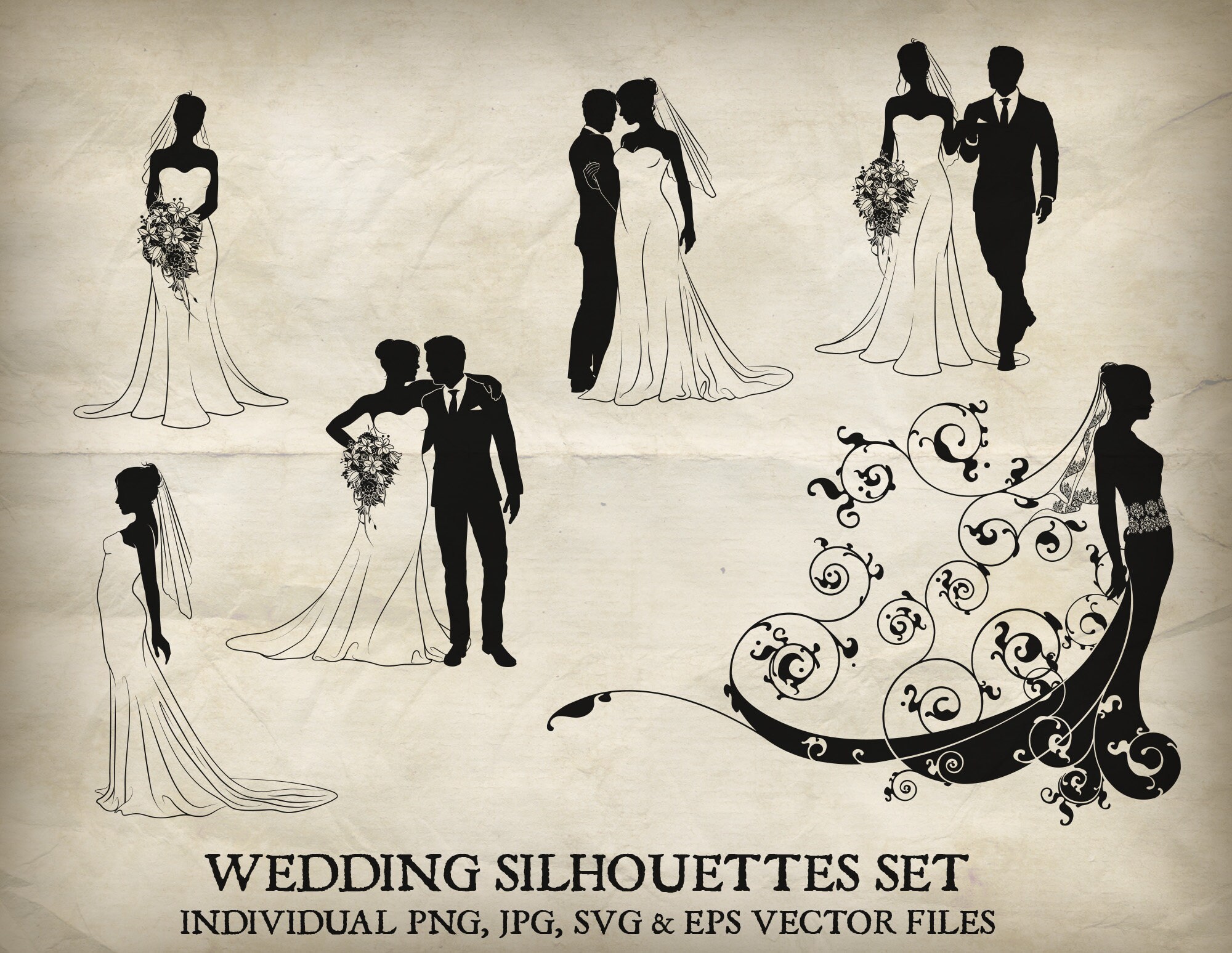 Bride and Groom Wedding Silhouette Vector Set. Each of the Silhouettes ...