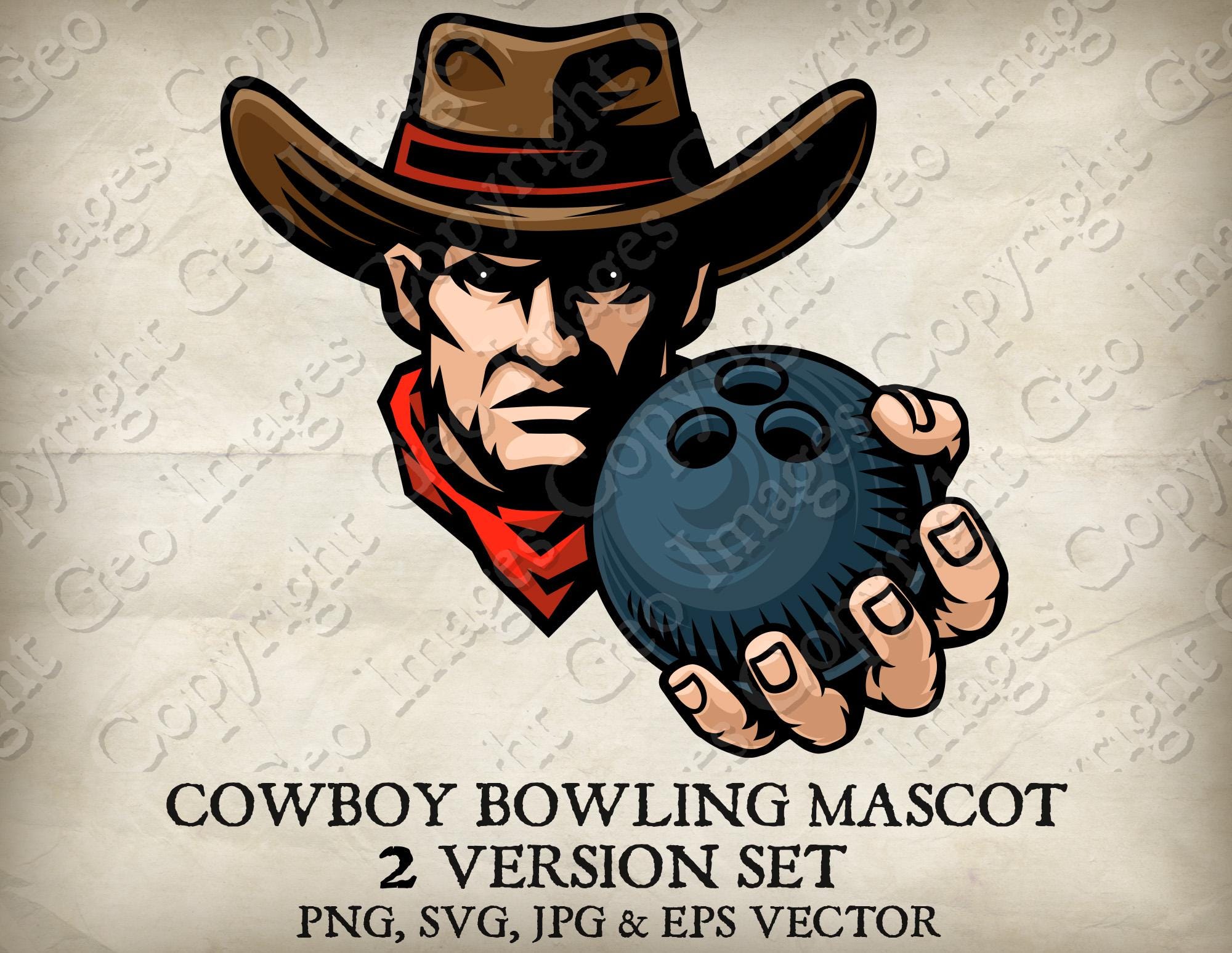 Cowboy Bandit Western Bowling Ball Mascot. Cowboys Outlaw Team Sports Logo  Cartoon. 2 Versions. Vector SVG, EPS and PNG, Jpeg files, image size:2000x1547
