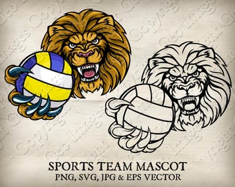 Lion Volleyball Ball Claws Mascot Lions Sports Team Logo Cartoon. 6 Versions. Ripped Background. Vector SVG, EPS, PNG and Jpg files