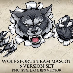 May include: A fierce gray wolf mascot bursting through a white background. The wolf has sharp teeth and claws, and its eyes are narrowed in a menacing glare. The wolf's head and paw are visible, with the rest of its body hidden behind the torn background.