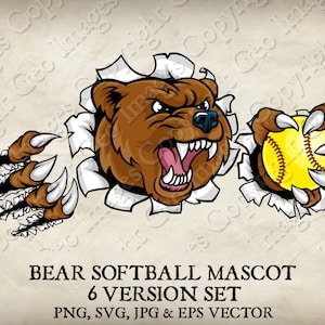 Bear Grizzly Softball Ball Claws Mascot Bears Logo Cartoon. 6 Versions. Ripped Background. Vector SVG, EPS, PNG, Jpg