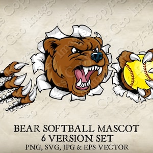 Beer Grizzly Softbal Bal Klauwen Mascotte Beren Logo Cartoon. 6 versies. Gescheurde achtergrond. Vector-SVG, EPS, PNG, Jpg