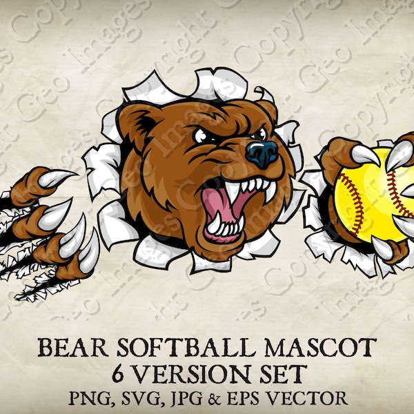 Bär Grizzly Softball Ball Krallen Maskottchen Bären Logo Cartoon. 6 Versionen. Gerippter Hintergrund. Vektor SVG, EPS, PNG, Jpg