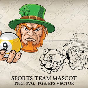 May include: A cartoon illustration of a leprechaun holding a number 9 billiard ball. The leprechaun is wearing a green hat with a shamrock. The image includes the text "SPORTS TEAM MASCOT".