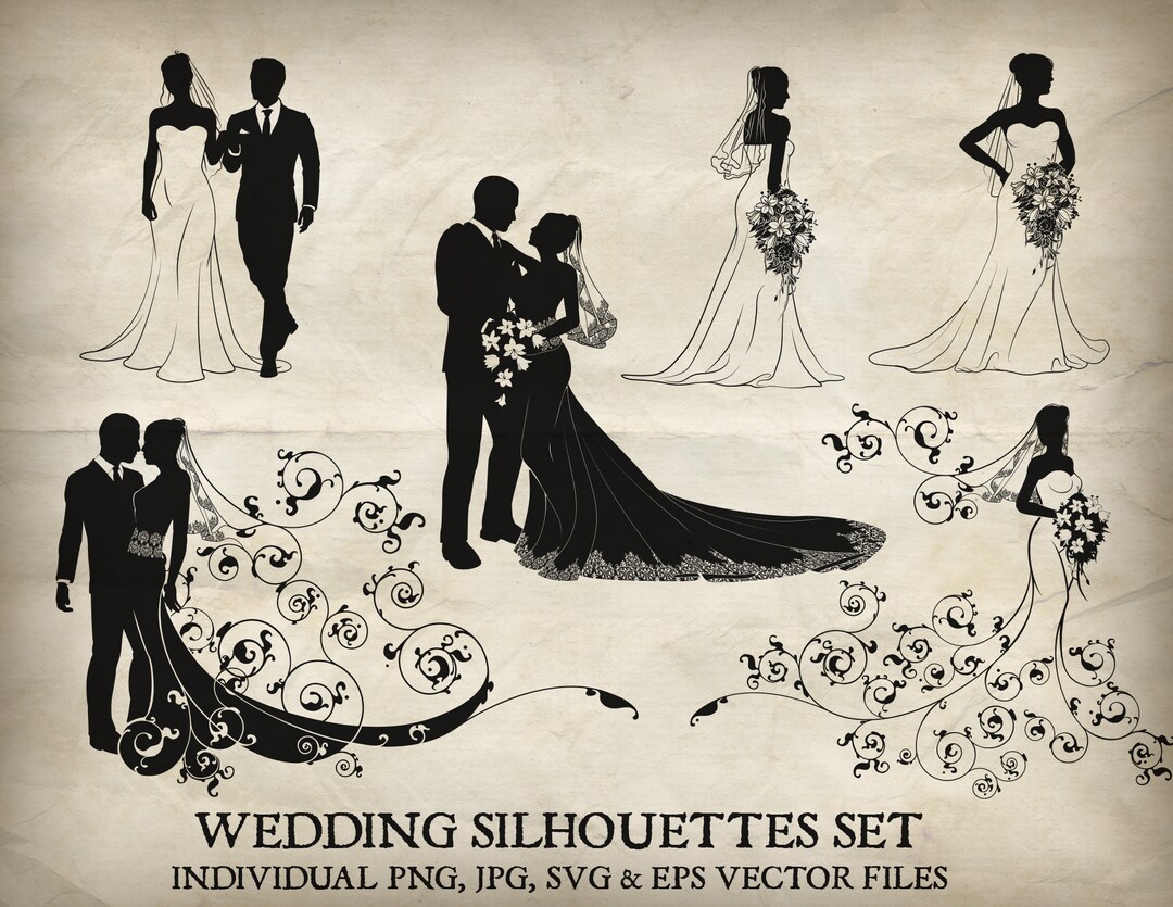 Bride and Groom Wedding Silhouette Vector Set. Each of the Silhouettes ...