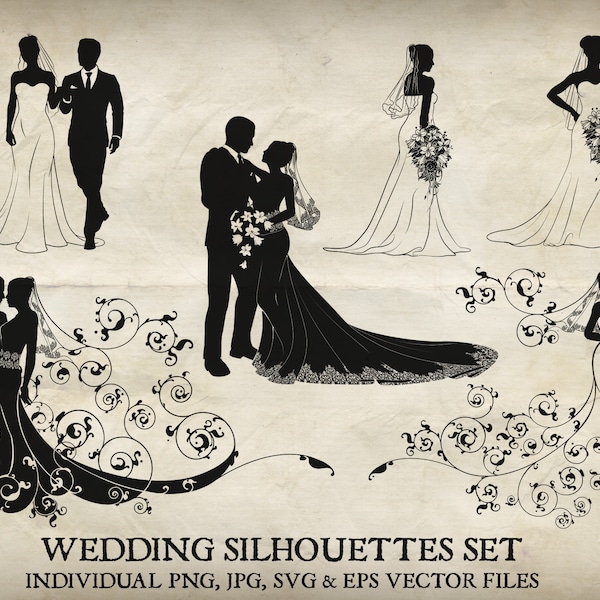 Bride and groom wedding silhouette vector set. Each of the silhouettes in individual PNG, jpg, EPS and SVG files