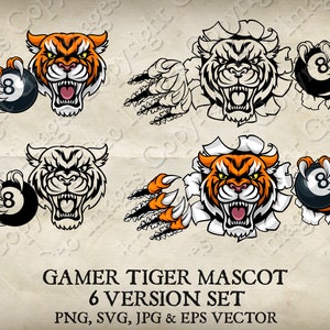 Tiger Holding Pool Ball in Claws Mascot Angry Tigers Face Cartoon Logo in 6 Versions. Ripped Through Background. Vector SVG, EPS, PNG, Jpeg