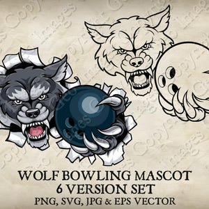 Wolf Holding Bowling Ball Team Mascot Timber Wolves Logo Cartoon. 6 Versions. Ripped Background. Vector SVG, EPS, PNG, Jpeg