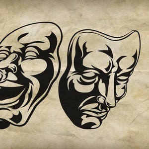 Theater or theatre comedy and tragedy, laughing happy and crying sad drama masks or faces. PNG, EPS and SVG vector files