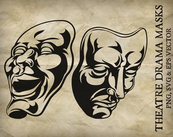Theater or theatre comedy and tragedy, laughing happy and crying sad drama masks or faces. PNG, EPS and SVG vector files