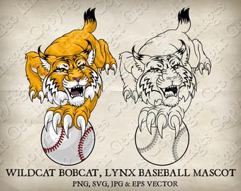 Wildcat-mascotte Bobcat Cougar Lynx-mascotte leeuw met honkbalmascottebal Wildcats Bobcats Cougars-logo cartoon. Vector SVG, EPS, PNG, JPEG
