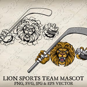 Lion Ice Hockey Claws Mascot Hockey Stick Puck Lions Sports Team Logo Cartoon 14 Versions Ripped Background Vector SVG, EPS, PNG, Jpg