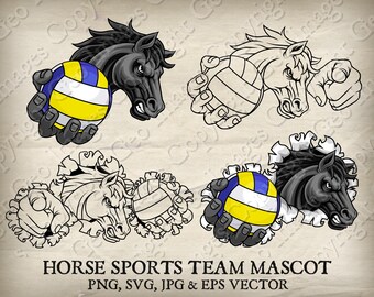 Black Horse Volleybal Mustang Bronco Hengst Holding Bal Sportteam Mascotte Mustangs Hengsten Broncos Logo Cartoon SVG EPS PNG Jpeg 8