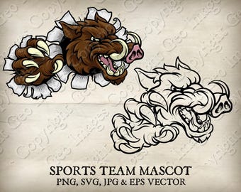 Wild zwijn Razorback Wrattenzwijn Varken Claws Mean Sports Team Mascotte Zwijnen Logo Cartoon 8 versies. Gescheurde achtergrond. Vector SVG EPS PNG JPG