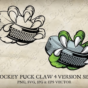 Ice Hockey Monster, Tiger, Wolf, Dragon, Eagle Claw Hand Holding Puck Clip Art. Vector SVG, EPS, Jpg transparent PNG Clipart. 4 Versions