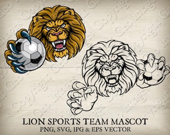 Lion Soccer Football Ball Claws Mascot Lions Sports Team Logo Cartoon. 6 Versions. Ripped Background. Vector SVG, EPS, PNG and Jpg files