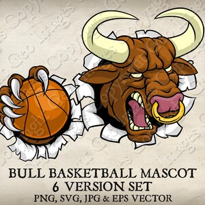 Touro Minotauro Búfalo Vaca Segurando Bola de Basquete Mascote do Time Esportivo Irritado Logotipo dos Touros Desenho Animado. 6 Versões. Vetor SVG, EPS, PNG, Jpeg
