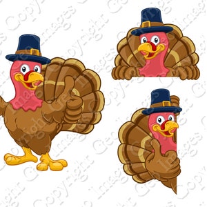 Turkey Fun Pilgrim Hat Wearing Bird Thumbs Up Thanksgiving Cartoon Mascot Illustrations. PNG, EPS and SVG vector files