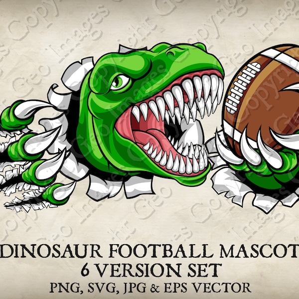 Dinosaur T Rex Raptor American Football Ball Claw Team Mascot Logo Cartoon. 6 Versions. Ripped Background. Vector SVG, EPS, PNG, Jpeg