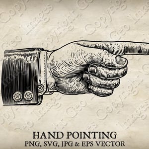 Main pointant le doigt vintage Gravure victorienne ancienne gravure sur bois Style dessin animé flèche Illustration. Vecteur SVG, EPS PNG, Jpg transparents