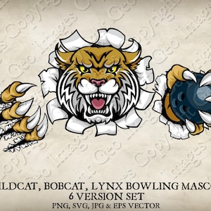 Wildcat Bobcat Cougar Lynx Lion Holding Bowling Ball Mascot Wildcats Bobcats Cougars Logo Cartoon. 6 Versions. Vector SVG, EPS, PNG, Jpeg