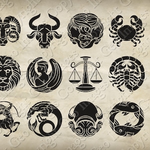 Zestaw ikon znaku zodiaku Horoskop; wszystkie 12 znaków zodiaku, przezroczyste tło png, jpg, wektor eps i formaty svg dla każdego symbolu