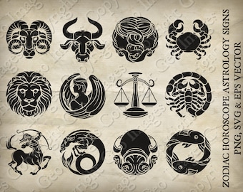 Zodiac Horoscope Sign icon set; all 12 Astrology birth star signs, png transparent background, jpg, vector eps and svg formats each symbol