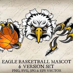 Eagle Hawk Falcon Bird Holding Basketball Ball Claws Sports Mascot Bald Eagles Falcons Logo Cartoon. 6 Versions. Vector SVG, EPS, PNG, Jpeg