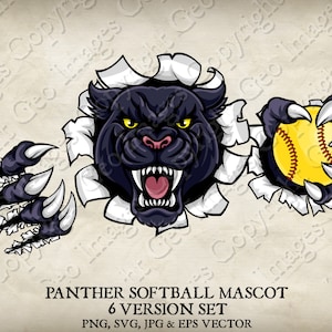 Panther Holding Softball Ball Mascot Jaguar Panthers Logo Cartoon. 6 Versions. Ripped Through Background. Vector SVG, EPS, PNG, Jpeg