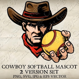 Cowboy Bandit Western Softball Ball Mascot. Cowboys Outlaw Team Sports Logo Cartoon. 2 Versions. Vector SVG, EPS and PNG, Jpeg files