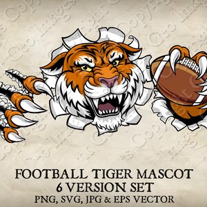 Tiger Holding American Football Ball in Claws Mascot Tigers Logo Cartoon. 6 Versions. Ripped Through Background. Vector SVG, EPS, PNG, Jpeg