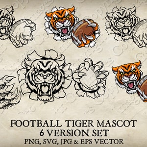 Tiger Holding American Football Ball in Claws Mascot Tigers Logo Cartoon. 6 Versions. Ripped Through Background. Vector SVG, EPS, PNG, Jpeg
