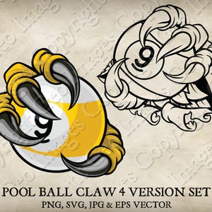May include: A graphic illustration of a pool ball gripped by a claw, with a second claw-and-ball design in outline. The pool ball is yellow and white with the number 9. The claw is yellow and gray. Text at the bottom reads "POOL BALL CLAW 4 VERSION SET".