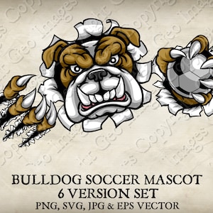 Bulldog Dog Holding Soccer Football Ball in Claw Mascot  Bulldogs Cartoon logo 6 Versions. Ripped Background. Vector SVG, EPS, PNG, Jpg