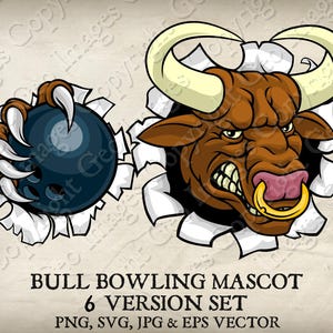 Mascote de boliche de touro Minotauro Búfalo Vaca segurando bola de boliche Mascote de equipe esportiva irritada Logotipo de touro Desenho animado 6 versões Vetor SVG EPS PNG Jpeg