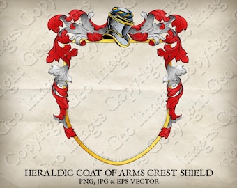 Heraldic Coat of Arms Crest Heraldry Knight Medieval Family Shield Border Frame. Vector Eps, Png and Jpg. Vintage Design Illustration
